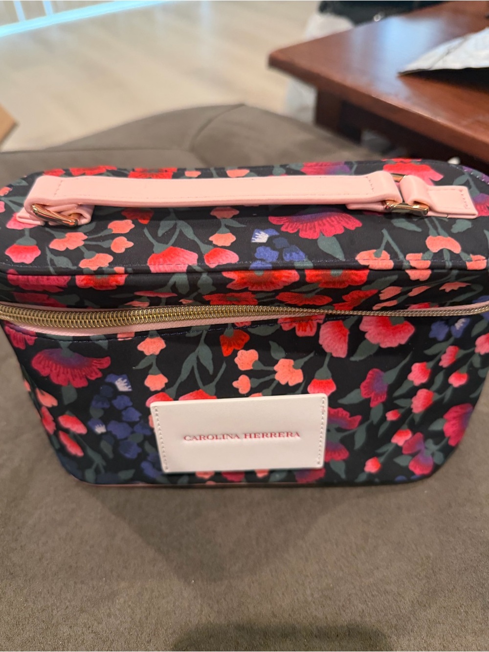 Carolina Herrera Floral Train Case in Black, Pink & Red Accents
